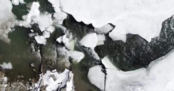 El hielo se derrite - el río fluye. Vista de un río de montaña en los Cárpatos en invierno . — Vídeos de Stock