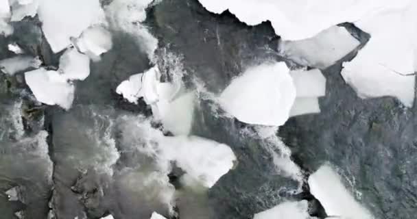 Тает лед - течет река. Вид на горную реку в Карпатах зимой . — стоковое видео