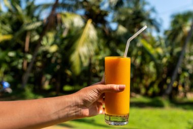 Kız elinde bir bardak taze sıkılmış meyve suyunu tropik bir bahçenin arka planında tutuyor.