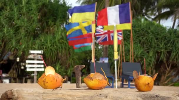 Gouden kokosnoten op het strand op een achtergrond van vlaggen van verschillende landen van de wereld — Stockvideo