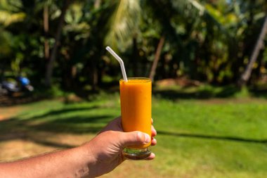 Bir adam elinde tropik bir bahçenin arka planında taze sıkılmış bir bardak meyve suyu tutuyor.
