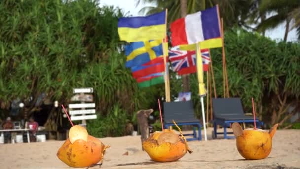 Goldene Kokosnüsse am Strand vor dem Hintergrund von Flaggen verschiedener Länder der Welt — Stockvideo