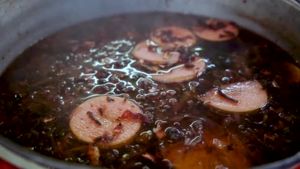 Cooking traditional drink for Christmas. Mulled wine preparations. Close-up. — 비디오