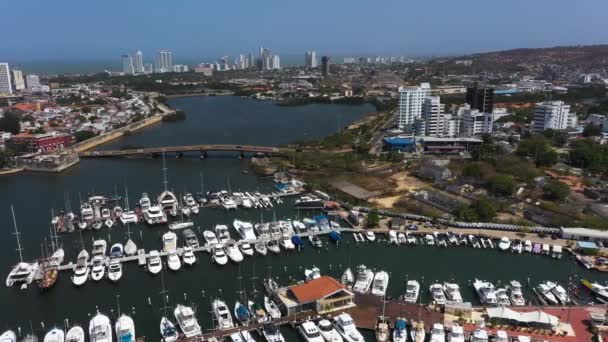 Vista aérea del puerto deportivo y altos edificios de apartamentos en la sección moderna de Cartagena, Colombia — Vídeo de stock