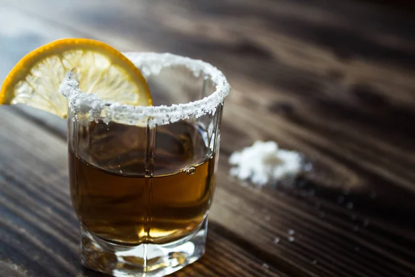 Alcohol shot drink with lemon and salt — Stock Photo, Image