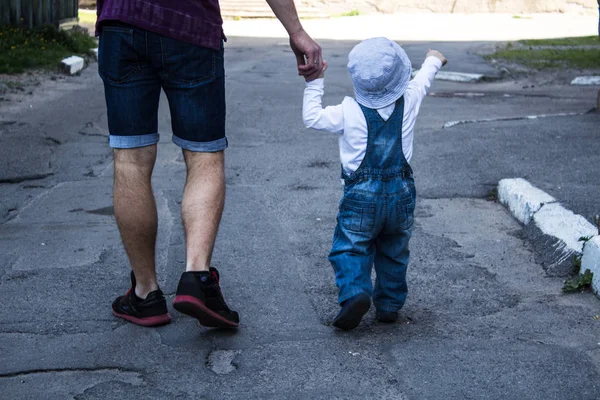 Батько і син тримають руки йдуть Стокова Картинка