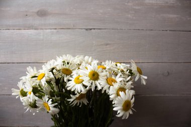 ahşap zemin üzerinde beyaz papatyalardan buket