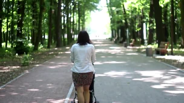 Ung kvinna med barnvagn promenader i skogen — Stockvideo