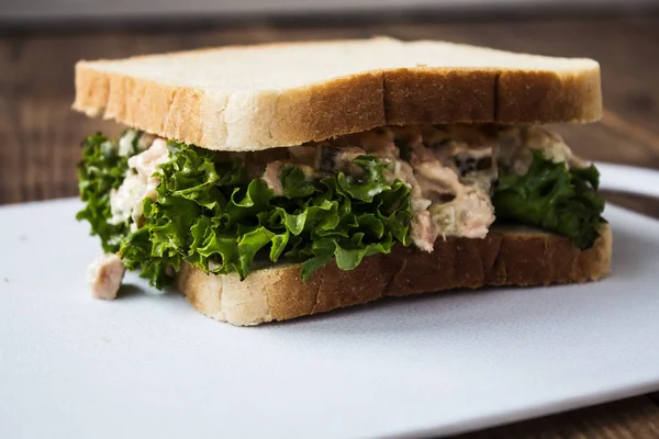 Tuna pickles sandwich with salad on white plate — Stock Photo, Image