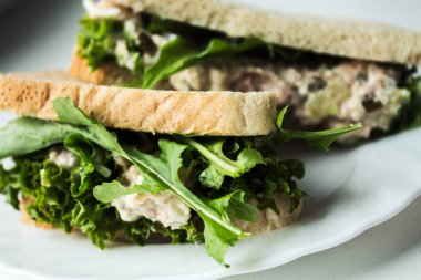 ton balıklı turşu sandviç salata beyaz plaka üzerinde