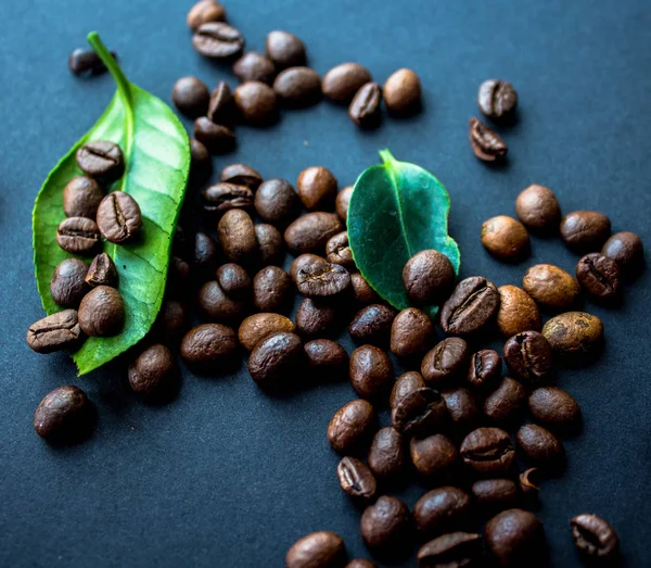 Granos de café y hoja verde sobre fondo negro —  Fotos de Stock