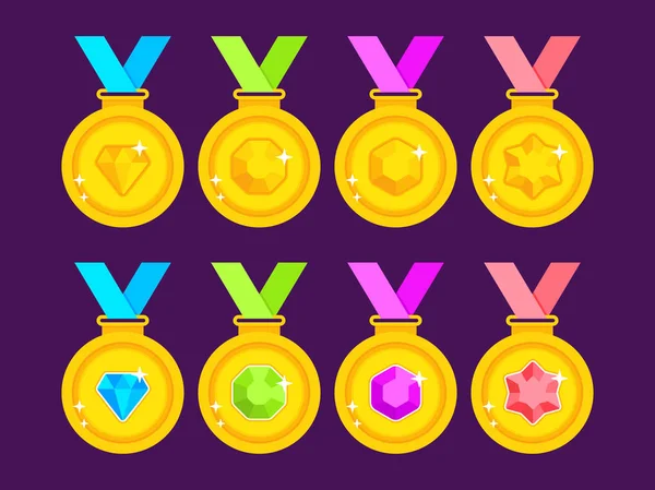 Conjunto de medalhas de ouro decoradas com pedras preciosas — Vetor de Stock