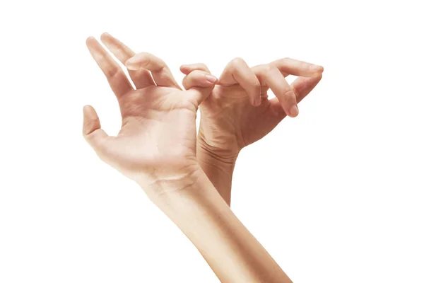 Close-up da mão da bela mulher isolada no fundo branco — Fotografia de Stock