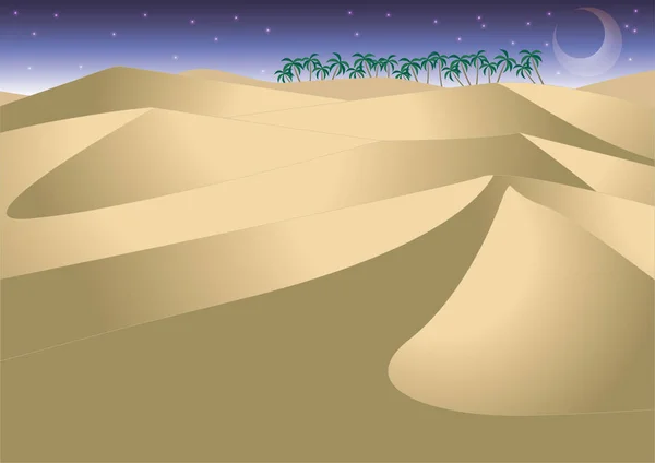 Deserto e Oasi con luna crescente — Vettoriale Stock