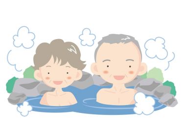 Kaplıca görüntü - kıdemli çift / vektör Japon tarzı resim çizimi