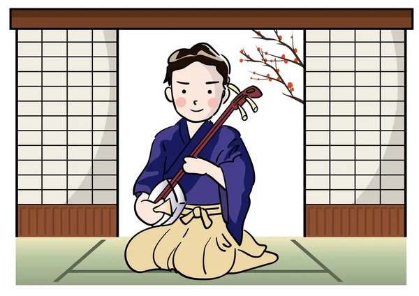 Man Playing Shamisen — Stock Vector