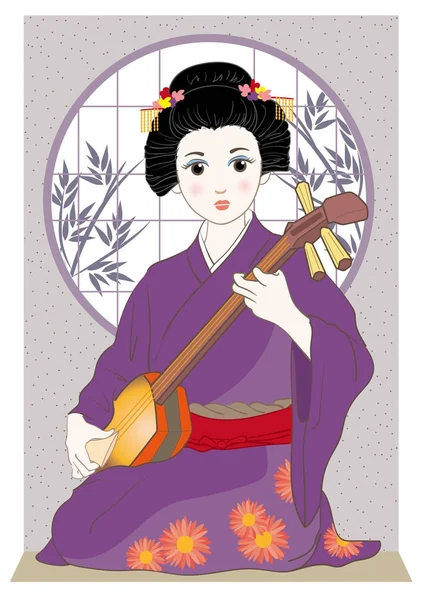 Uma Mulher Jogar Shamisen —  Vetores de Stock