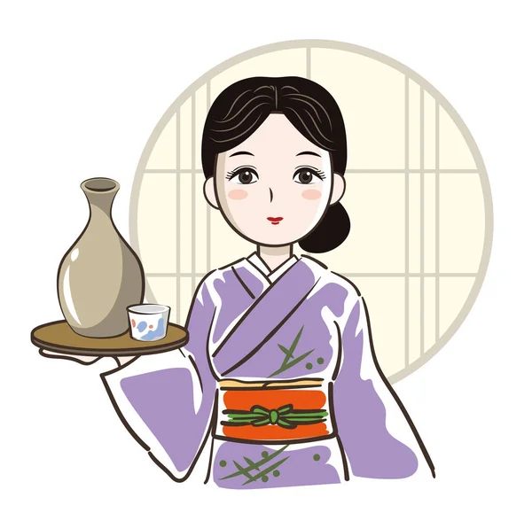 Japansk sake och kvinna — Stock vektor