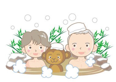 Japon kaplıca tedavisi / Maymun ve yaşlı çift karda kaplıcaların keyfini çıkarıyorlar. 
