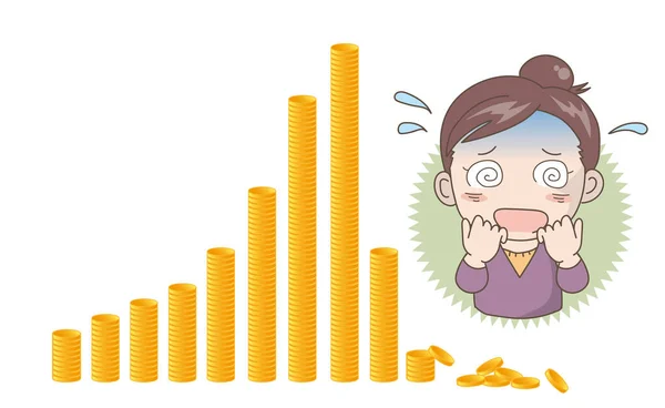 Coin Graph Crash Image Shocked Woman — Stock Vector