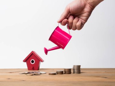 Kırmızı house ile ahşap arka plan üzerinde büyüyen para sikke yığını.