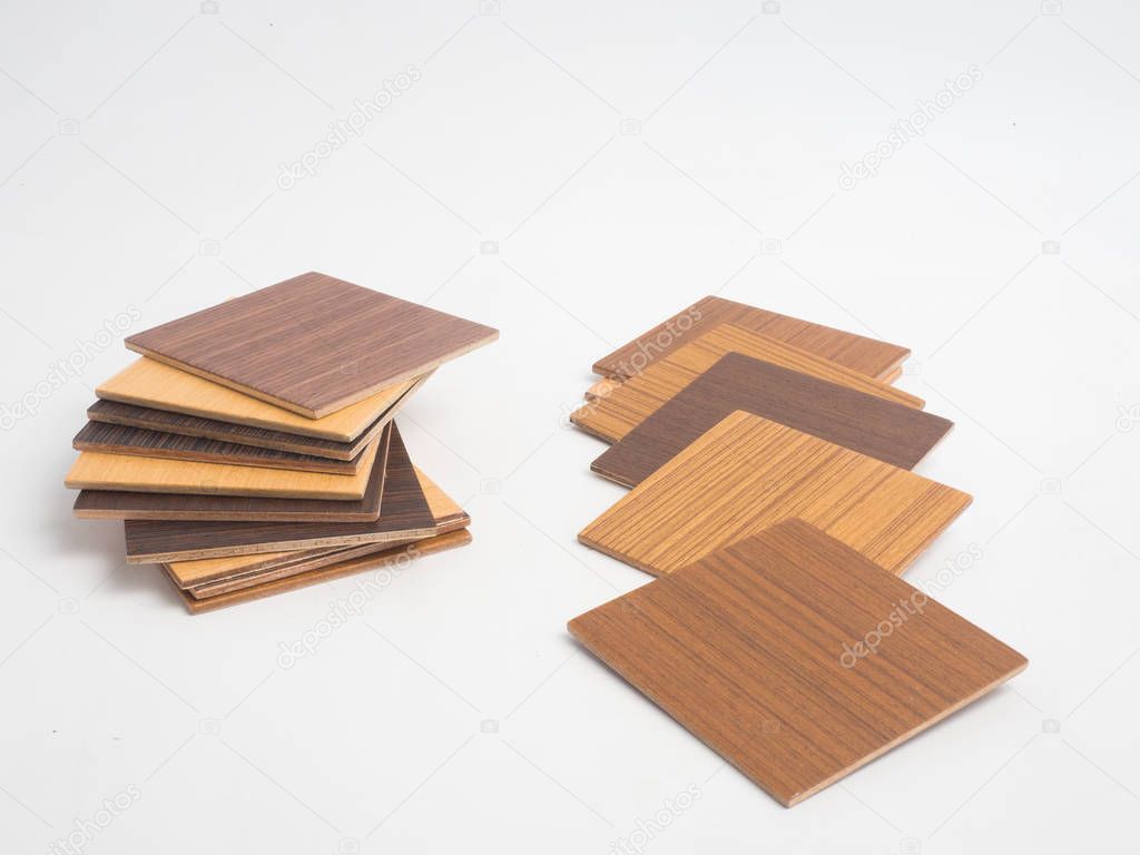 Samples of veneer wood on white background. interior design sele