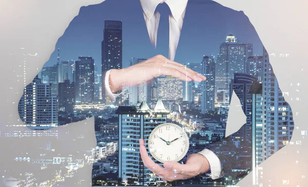 Double exposure of businessman and city — Stock Photo, Image