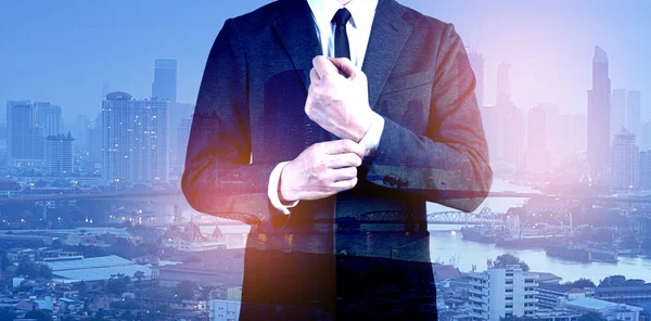 Double exposure of success business man city background.time for — Stock Photo, Image