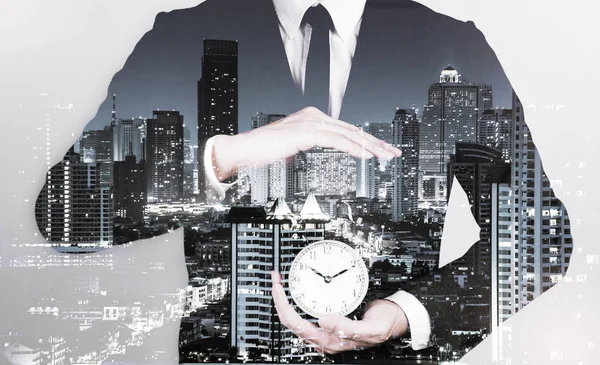 Double exposure of businessman and city — Stock Photo, Image