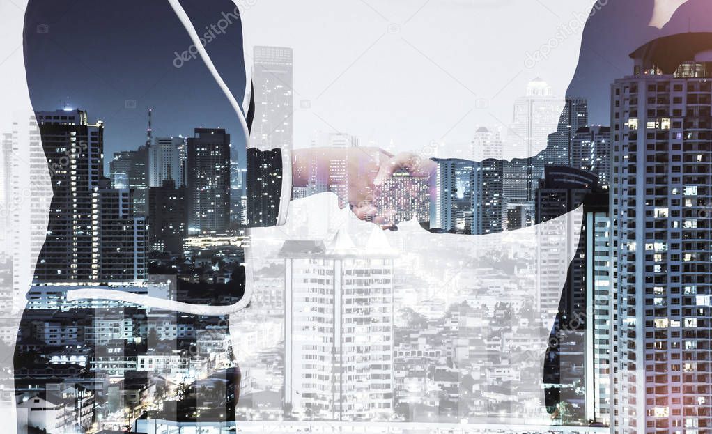 Double exposure of success business woman city background.time f