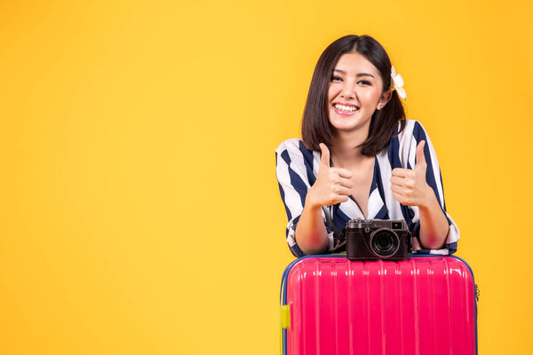 Tourist woman in summer casual clothes.Asian Smiling woman .Pass