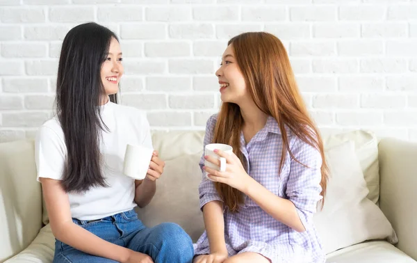 Happy best friends laughing during watching funny videos on internet  social media life . Young Asian female  doing online shopping through laptop and credit card at home.