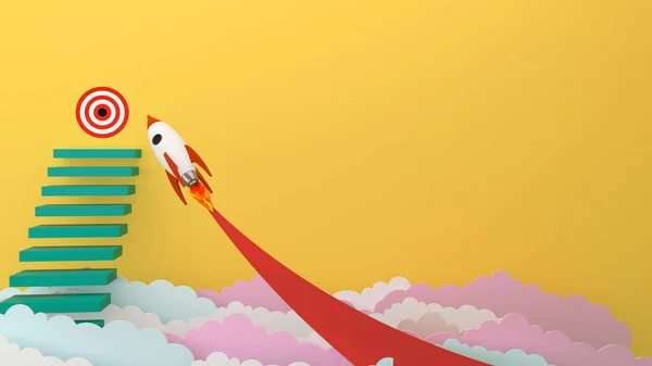 Rocket Flying  to Successful background . Business concept illustration.Rocket flying over cloud. Start up Business to aim target.3d rendring. rocket breaking through  over modern city.