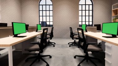 İçi boş Modern Çatı Ofisi açık alan modern ofis manzarası. Modern açık konsept lobi ve kabul odası 3D Rending .