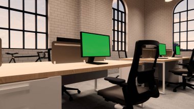 İçi boş Modern Çatı Ofisi açık alan modern ofis manzarası. Modern açık konsept lobi ve kabul odası 3D Rending .