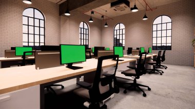 İçi boş Modern Çatı Ofisi açık alan modern ofis manzarası. Modern açık konsept lobi ve kabul odası 3D Rending .