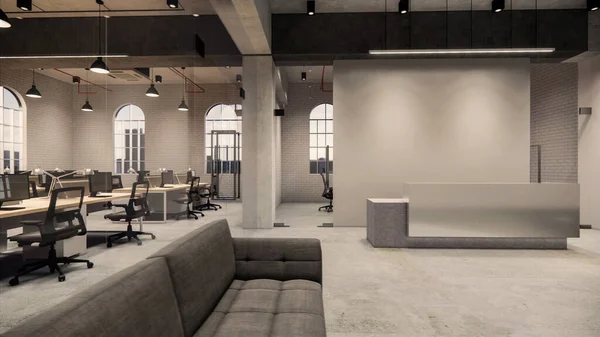 İçi boş Modern Çatı Ofisi açık alan modern ofis manzarası. Modern açık konsept lobi ve kabul odası 3D Rending .