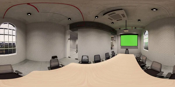 3D illüstrasyon küresel 360 vr derece, odanın ve ofisin kusursuz manzarası. İç tasarım 3D görüntüleme. Modern bir panoramik ofiste resepsiyon