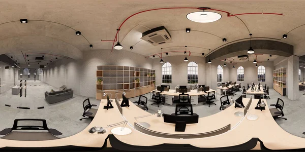3D illüstrasyon küresel 360 vr derece, odanın ve ofisin kusursuz manzarası. İç tasarım 3D görüntüleme. Modern bir panoramik ofiste resepsiyon