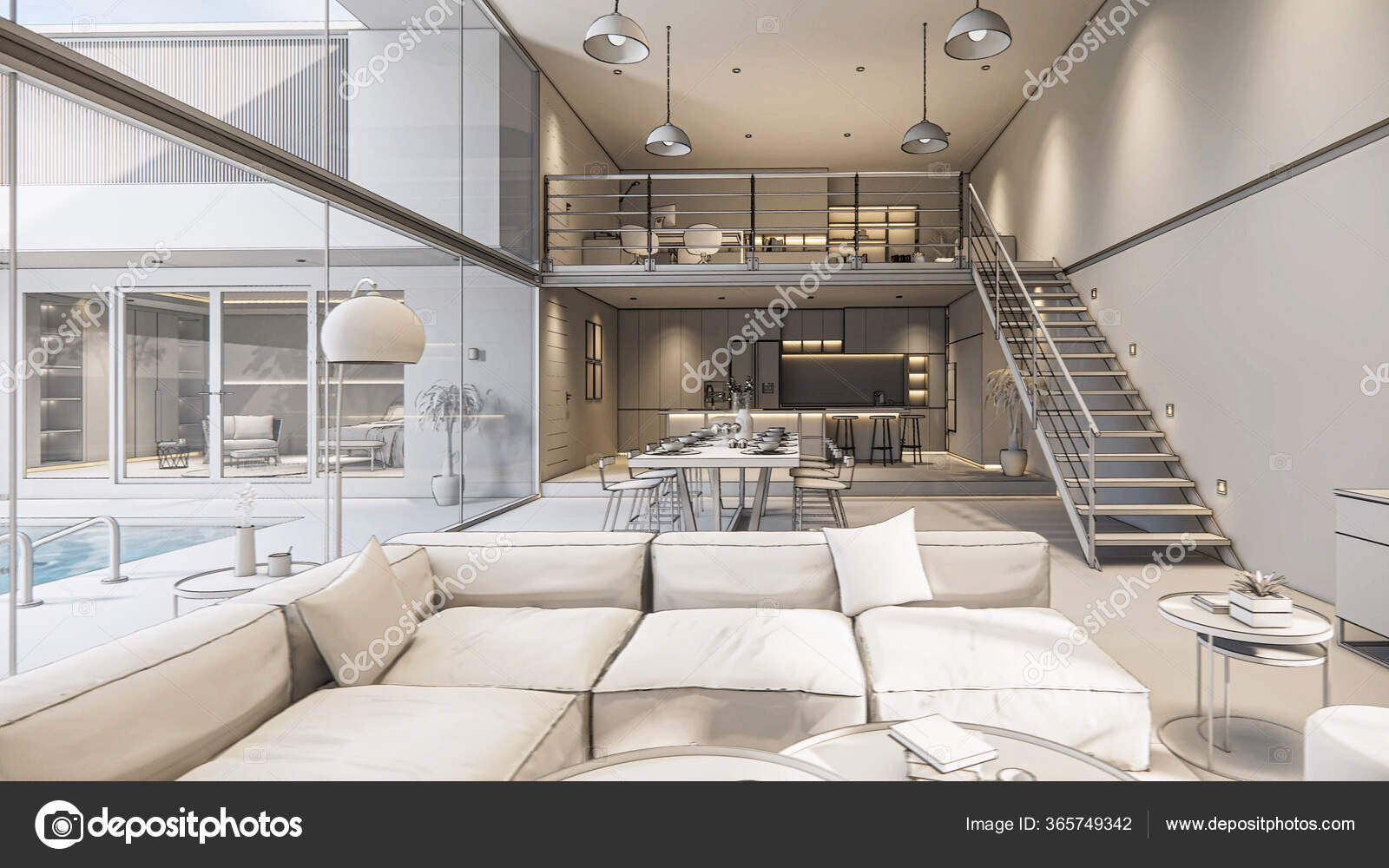 Rendering Interior House Modern Open Living Space Kitchen Loft Style —  Stock Photo © anon-tae #365749342, image size:1600x1000