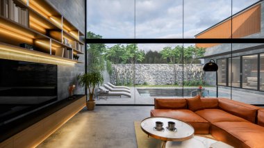 3D görüntüleme. İç mekan modern mutfaklı açık yaşam alanı. Daire tarzı Duplex konutu. Ev dekorasyonu, iç dekorasyon, dış tasarım. Yüzme havuzlu açık teras..