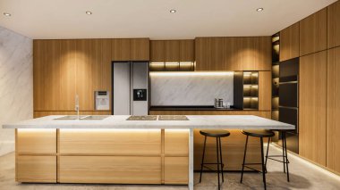 3D görüntüleme. İç mekan modern mutfaklı açık yaşam alanı. Çatı katı tarzı Duplex apartmanı. Ev dekorasyonu, iç tasarım..