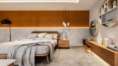 3D görüntüleme. İç mekan ya da tatil yeri modern yatak odası tropikal tasarımları. Çatı katı tarzı Duplex apartman dairesi. Ev dekorasyonu, iç tasarım..