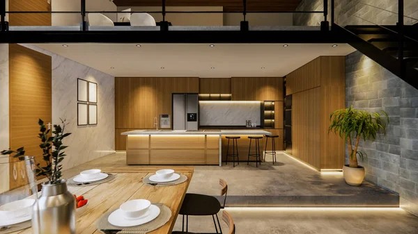 Renderizado Casa Interior Moderna Sala Estar Abierta Con Cocina Estilo — Foto de Stock