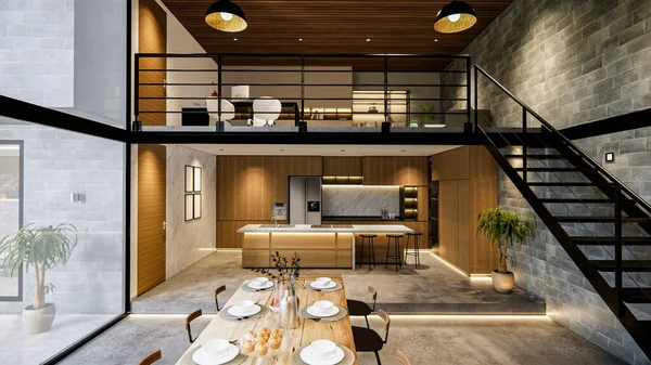 Renderização Interior Casa Moderna Open Living Espaço Com Kitchen Loft — Fotografia de Stock