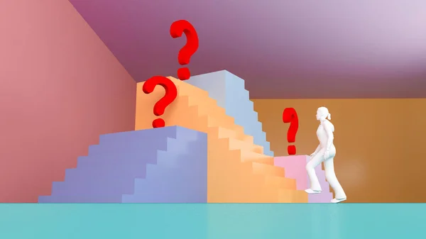 Businessman walking stair step to question problem. Concepts of finding a solution, problem solving, challenge etc. 3D rendering illustration.Confused, young businessman looking at the question mark.