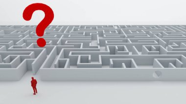 İşadamı labirente giriyor. Çözüm bulma kavramları, problem çözme, meydan okuma vs. 3 boyutlu çizim. Kafası karışmış, genç işadamı soru işaretine bakıyor..