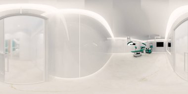 3D illüstrasyon küresel 360 vr derece, modern hastane veya kliniğin kusursuz bir manzarası. iç tasarım 3B görüntüleme.