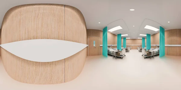 3D illüstrasyon küresel 360 vr derece, modern hastane veya kliniğin kusursuz bir manzarası. iç tasarım 3B görüntüleme.