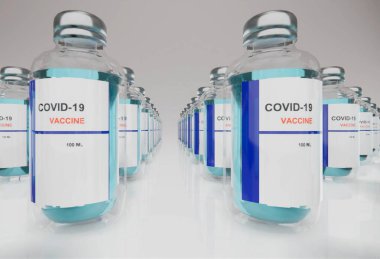 Coronavirus Aşı İnsanları kavramı. Eczacılık İlaçları Salgın Covid-19 'a karşı. Global Danger 2019-ncov.3d üretiminde kullanılan tıbbi aşı şişesi. .